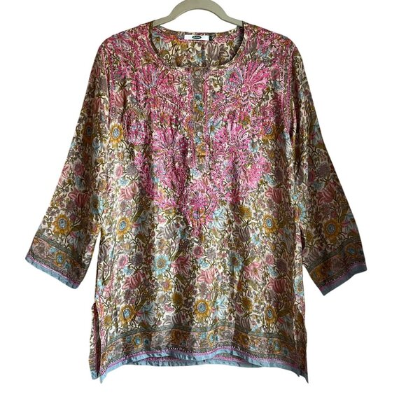 Dolma Medium Floral Pink Hand-Embroidered Tunic Top Lightweight Silk Bl Boho - Picture 8 of 14